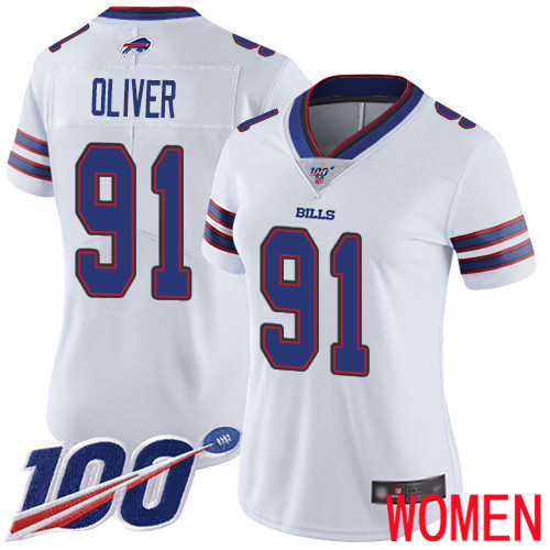 Women Buffalo Bills #91 Ed Oliver White Vapor Untouchable Limited Player 100th Season NFL Jersey->women nfl jersey->Women Jersey